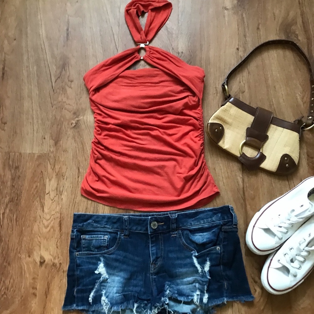 Moda International Orangish Red Tube Top W/ Strap Around Neck Ruched Sides Med